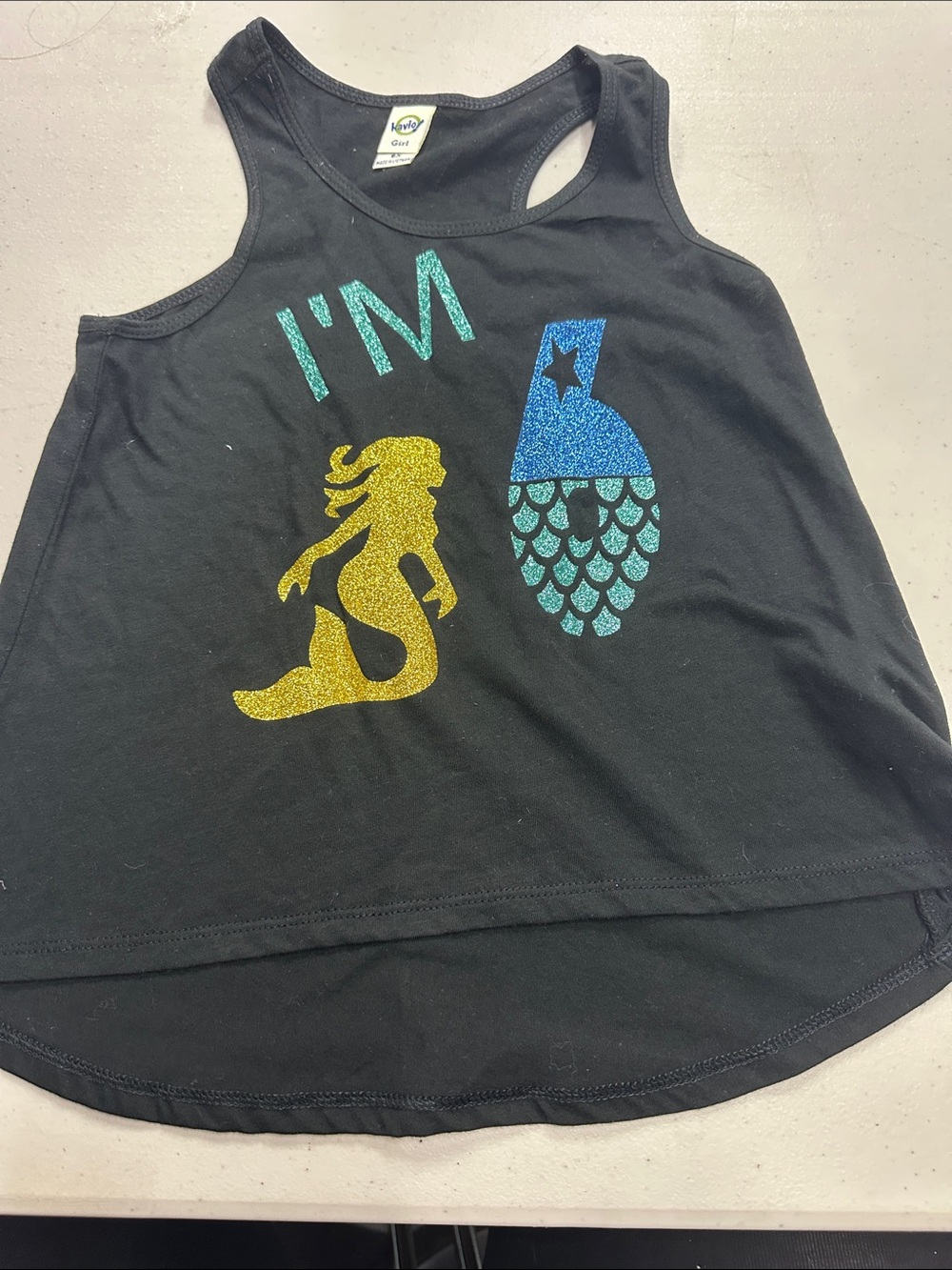Kavio Black Tank Top with Gold Mermaid and Teal/Blue Glitter Accents - Girls 6x